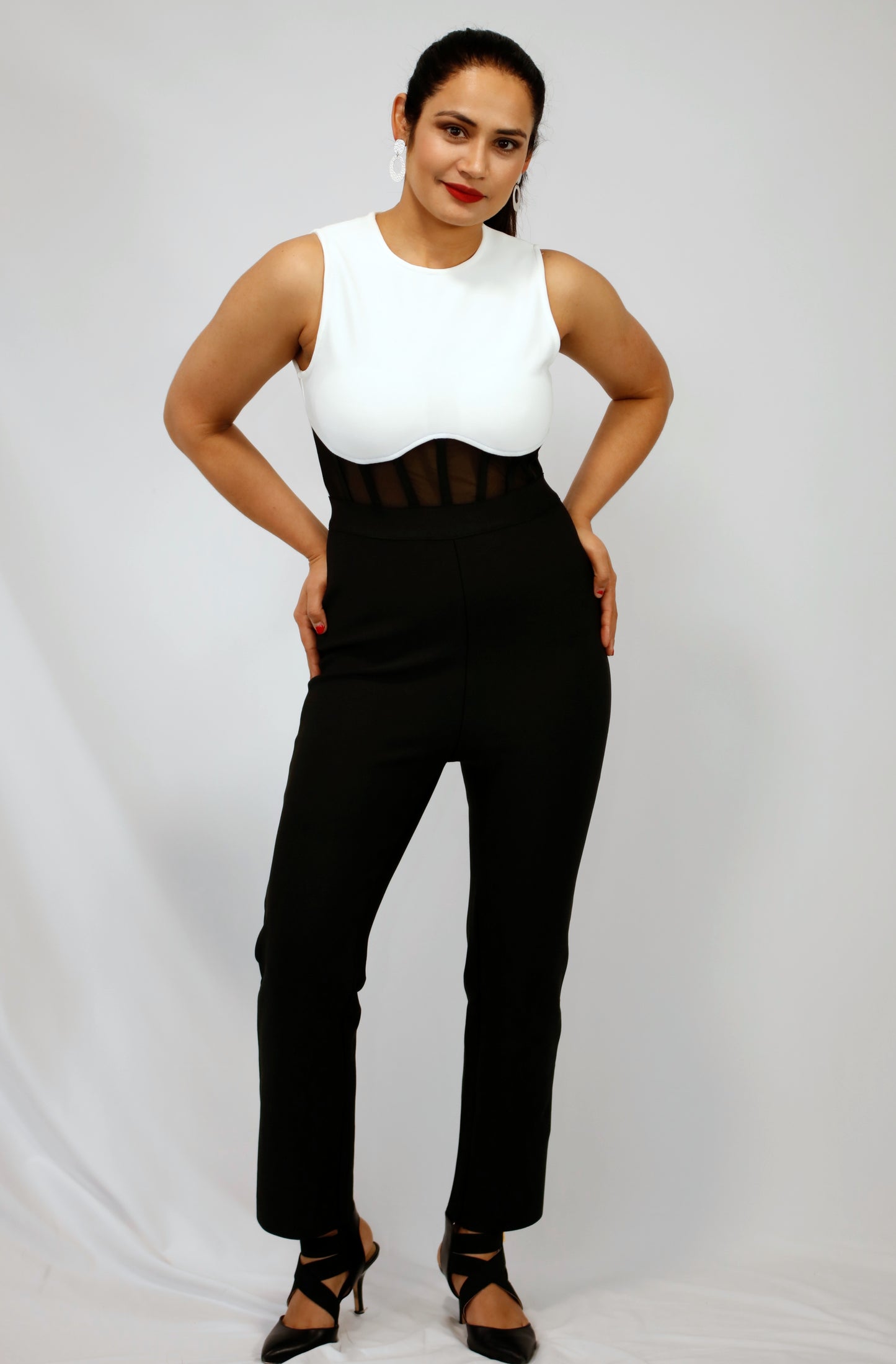 Black & White Jumpsuit sea through fitted waisted design