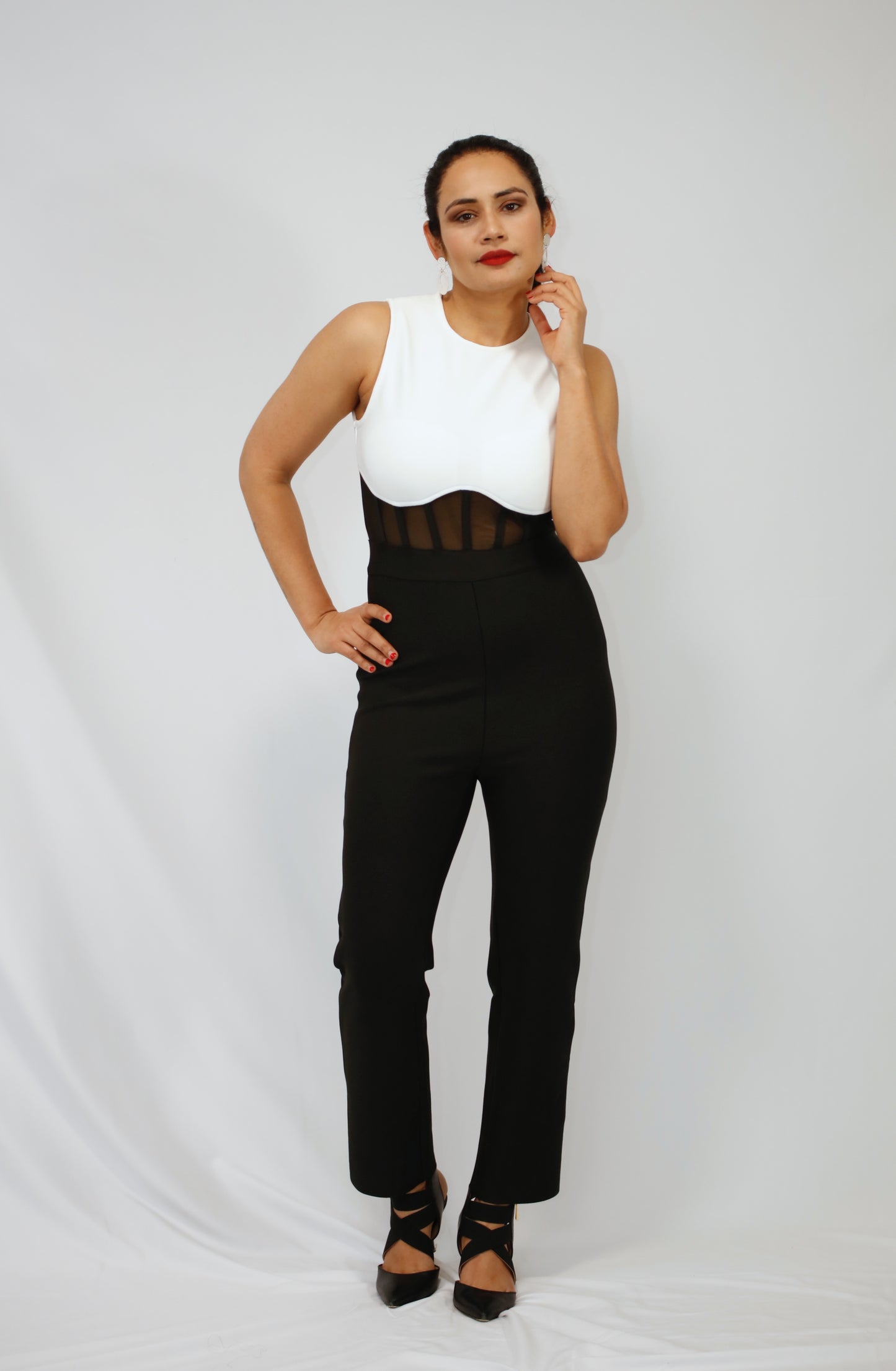 Black & White Jumpsuit sea through fitted waisted design