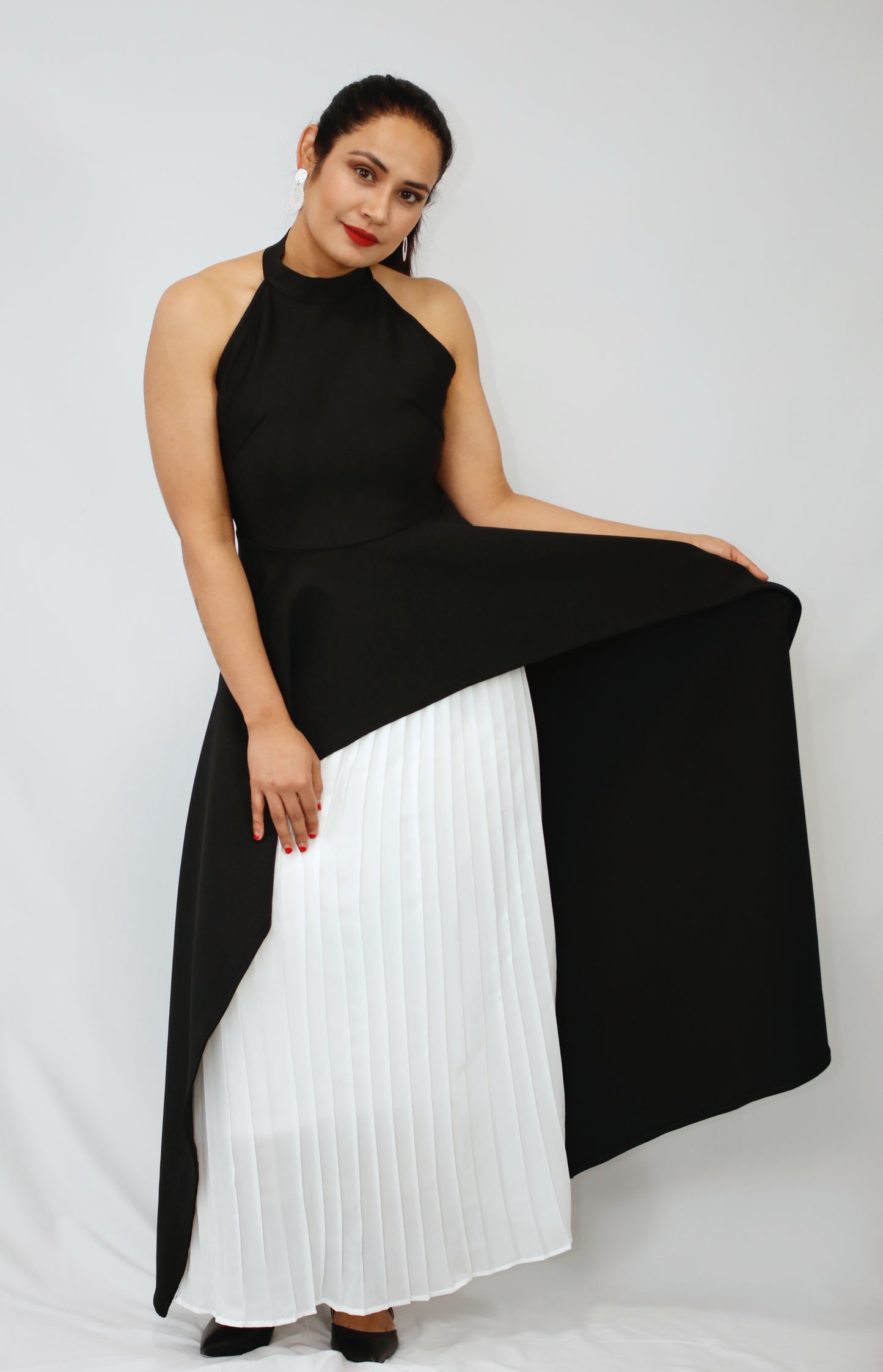 Backless Black top and Fleeted White Skirt Designed Dress