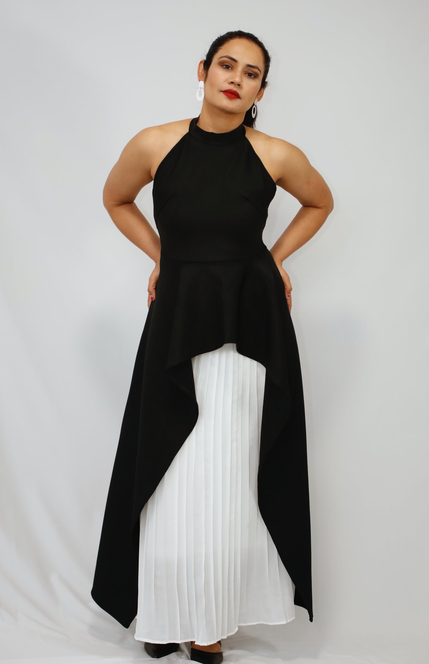 Backless Black top and Fleeted White Skirt Designed Dress