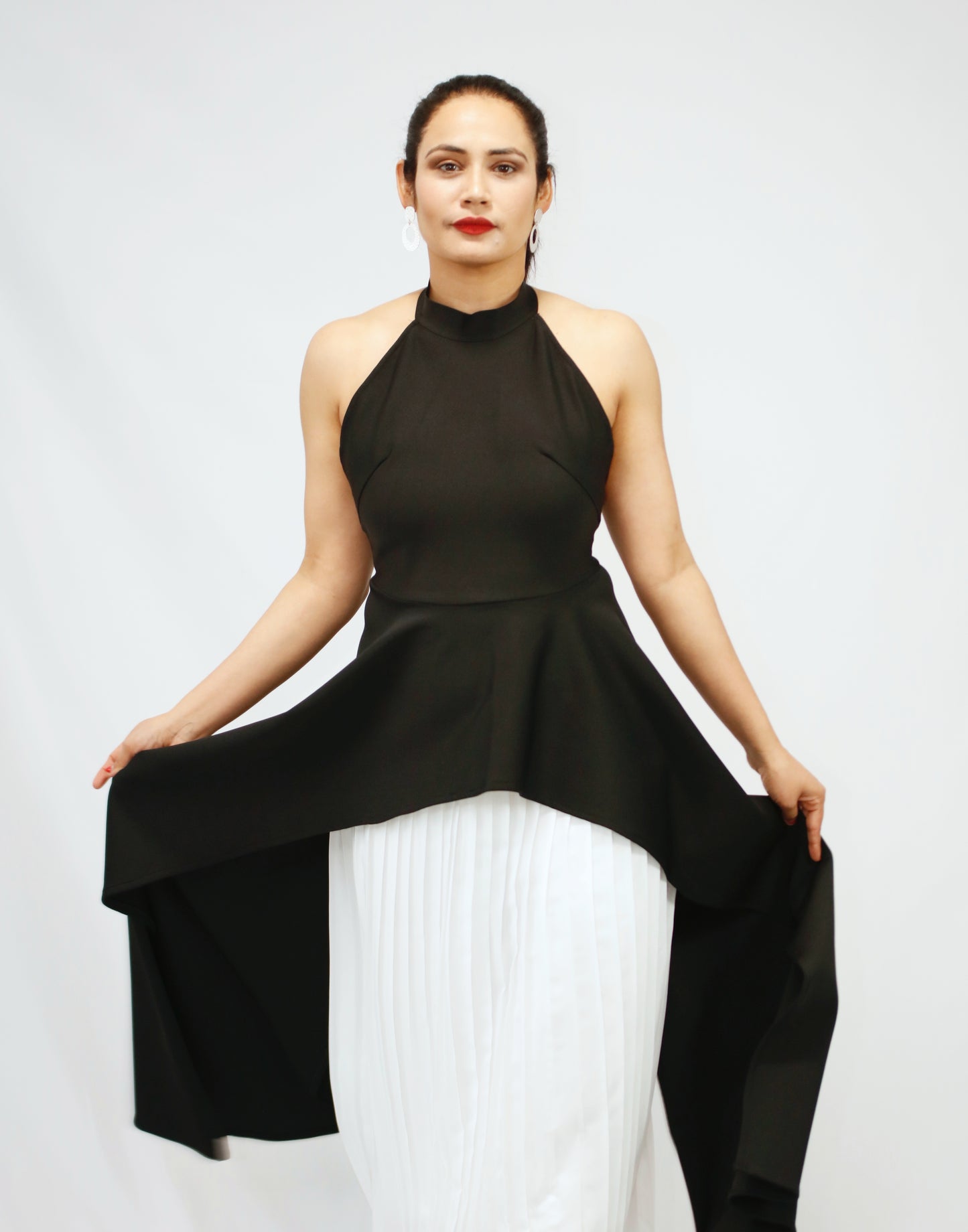 Backless Black top and Fleeted White Skirt Designed Dress