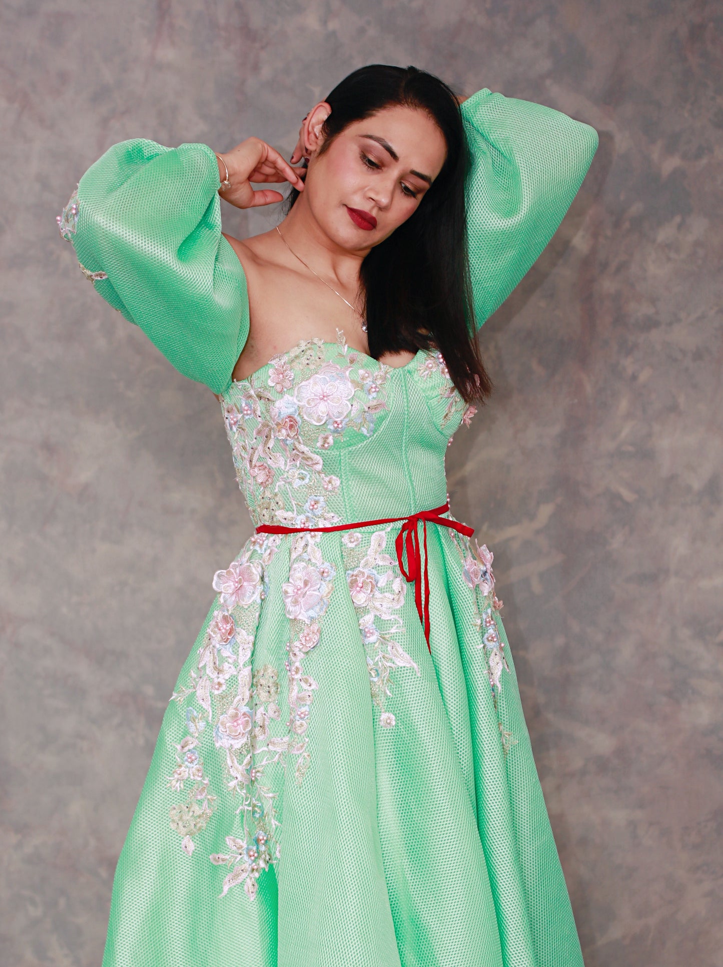 Embroidered frilled arm Long Dress