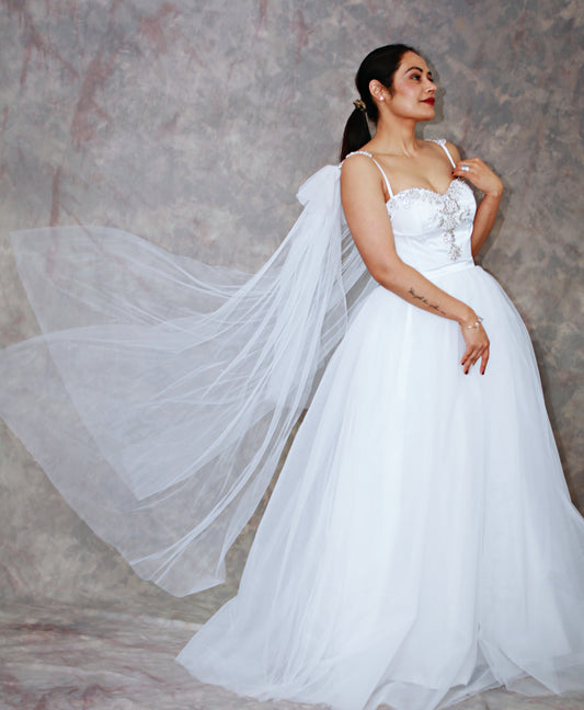 Long White Bridal Gown with detachable Embroidery Fairy strips