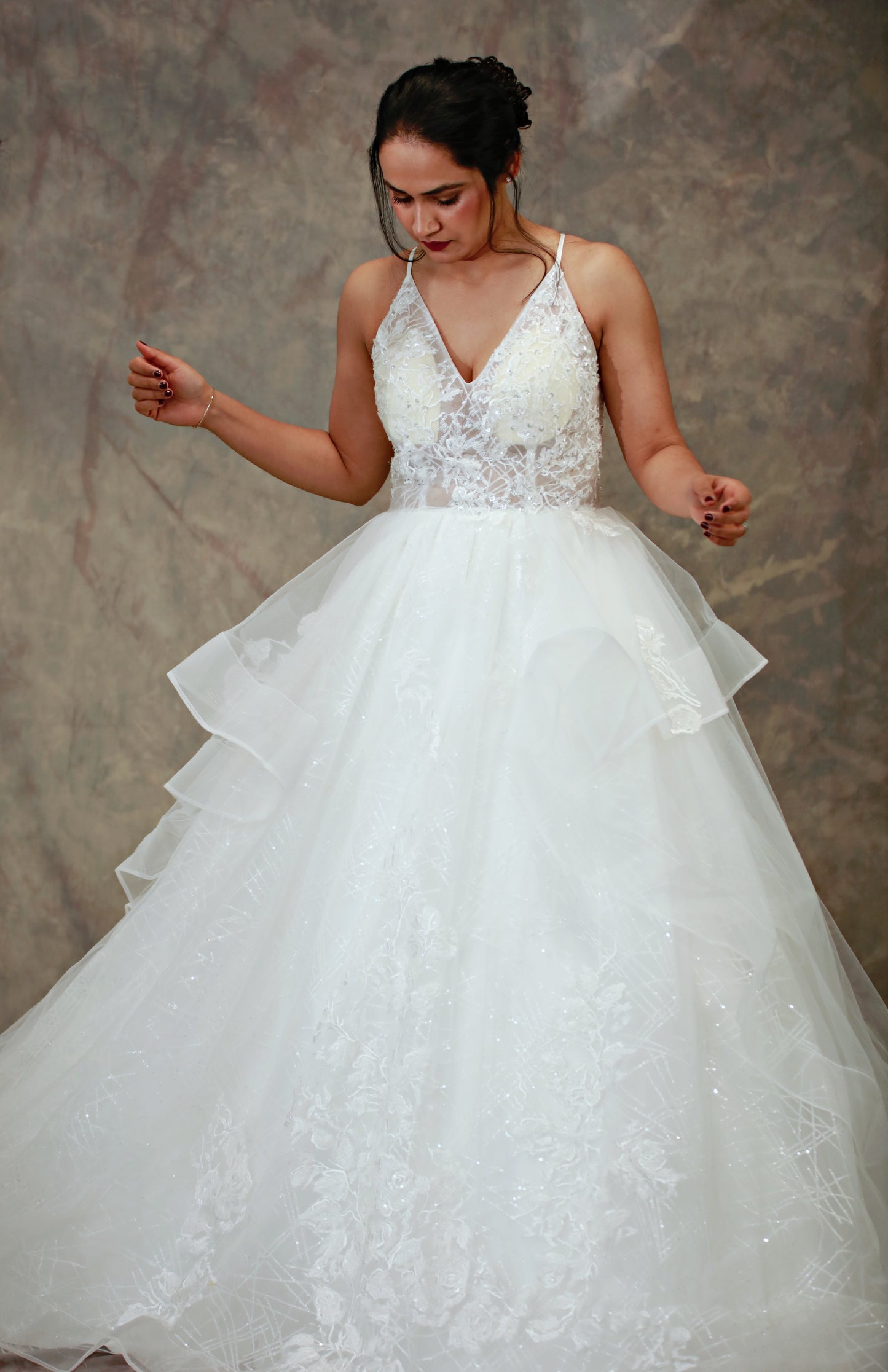 Princess Bridal white Gown with multiple layers of Embroidery