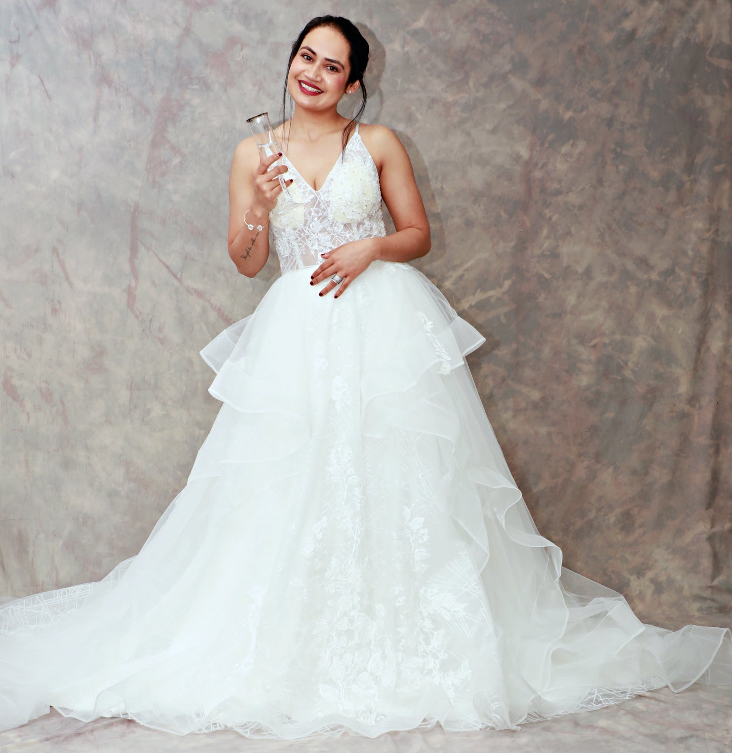 Princess Bridal white Gown with multiple layers of Embroidery