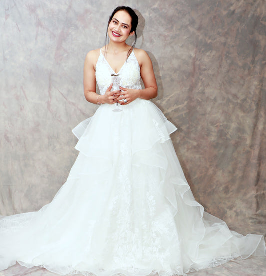 Princess Bridal white Gown with multiple layers of Embroidery