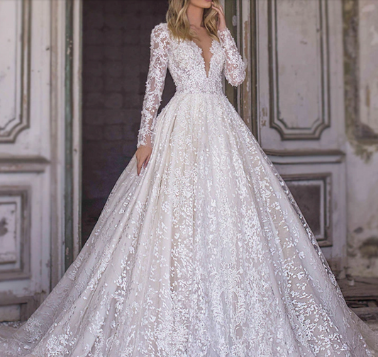 Bridal Ball Gown full Sleeve Embroidered Ferry Tail Style